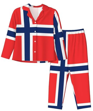 Norwegian flag Large Women's long-sleeved pajamas, casual women's long-sleeved cardigan pajama set, size S-XXL Black