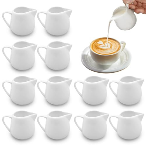 WDKXCN 12 PCS Small Milk Jugs, 110 ML White Milk Jug Small with Handle, Reusable White Ceramic Mini Milk Jug, Sauce Pots Sugar Pot, Sauce Jug Gravy Jug Mini Fingerprint Creamer Pitcher for Coffee Milk