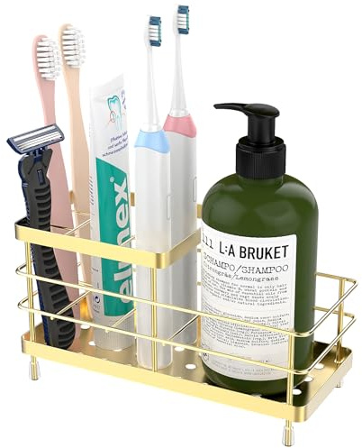 Luxspire Toothbrush Holders, 6 Slots Stainless Steel Tooth Brush Holder with Drainage, Toothbrush Holder for Bathroom Countertop & Kitchen Sink, Bathroom Accessories, Gold