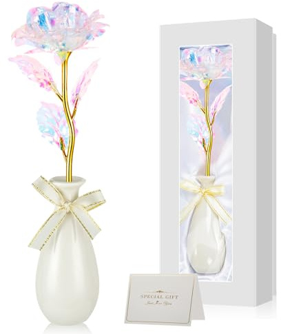 Ruibinlee Rosa Eterna,Regalo Natale Donna San Valentino Regali per Donna Mamma, Suocera, Nonna, Moglie e Fidanzata, Rosa Galassia in Foglia d'Oro con Vaso,Rosa Stabilizzata