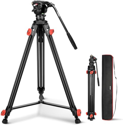 NEEWER Kamera Videostativ mit Fluidkopf Heavy Duty Leichter kompakter tragbarer Reisestativ für DSLR Camcorder kompatibel mit DJI Gimbals kompatibel mit Manfrotto QR Plates, max. Last 13,2lbs, TP73