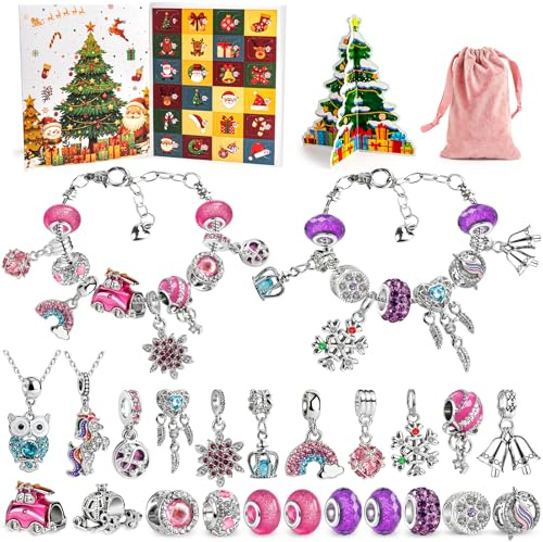 Calendrier de l'Avent 2025 pour enfants et filles, calendrier de Noël, bijoux, bricolage, bracelets, colliers, 24 rembourrage, calendrier de l'Avent bijoux, cadeaux de Noël, filles 6, 7, 8, 9, 10, 11