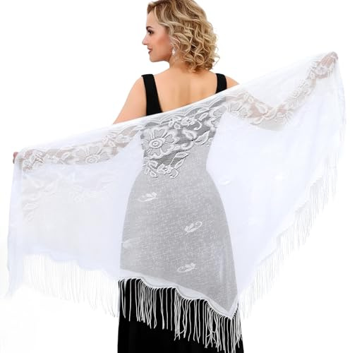 Lnngub White Lace Shawl Triangle Lace Shawls and Wraps with Fringe Floral Laces Shawl Wraps for Women Wedding Evening Party Dresses