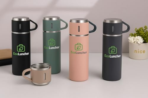 ECOLUNCHER 500ml Vacuum Flask Set with 2 Stainless Steel Cups – Leak-Proof Insulated Thermo Bottle, Double-Wall Vacuum, Keeps Drinks Hot or Cold for Hours, BPA-Free, Travel & Outdoor Use (black)