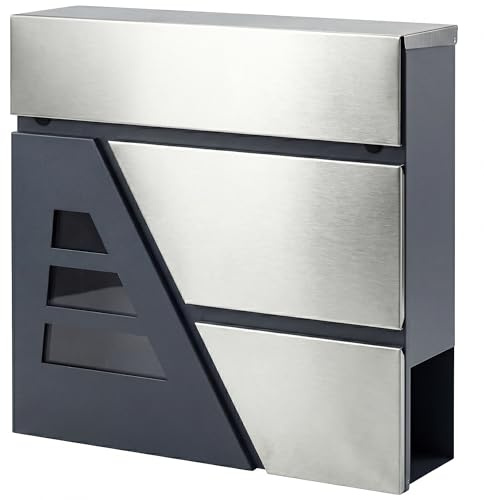HOMCOM Buzón Exterior de Acero Inoxidable, 13 L, Buzón de Pared Correo con Cerradura y 2 Llaves, Cierre Silencioso, Tapa Antilluvia, Soporte para Periódicos, Moderno, Fácil de Instalar, Gris Oscuro
