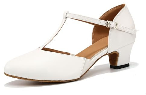 GYUBL Chaussures de Caractère T-Strap Chaussures de Danse Latine Femme Salsa Bachata de Salon Petit Talonavec Talon de 4cm Blanc EU 37.5