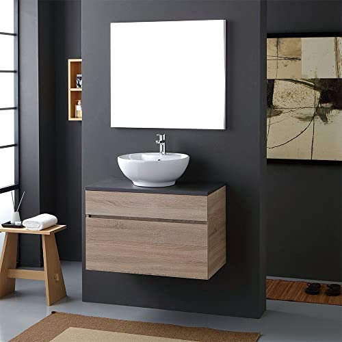 Kiamami Valentina - Mobile bagno sospeso da 80cm con top antracite e lavabo appoggio in ceramica Sole