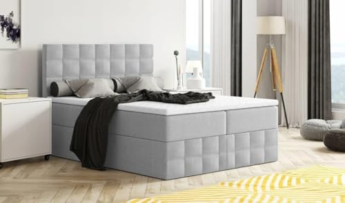 Generisch Moderne Boxspringbett MERA Premium Bett mit Bettkasten Ziernähten Bonell Matratze H3 Federkern Topper Polsterbett Doppelbett Schlafzimmer (Grau - Aura 15, 180 x 200)