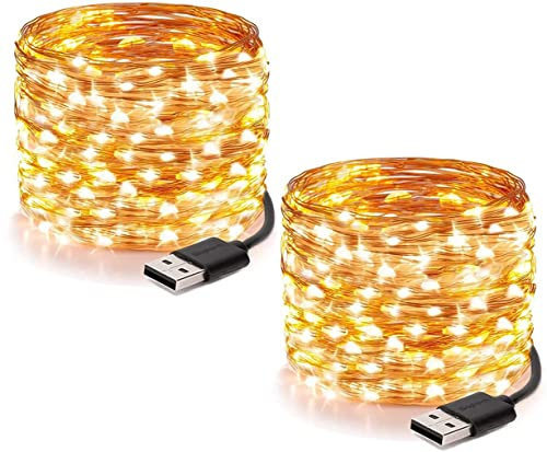 TZFTZ Stringa Luci con USB, 2 Pezzi 10M 100LED Catene Luminose Lucine Fata, filo di rame bianco caldo Ghirlanda di lucine LED Decorazione per Interni e Esterni, matrimoni, feste di Natale