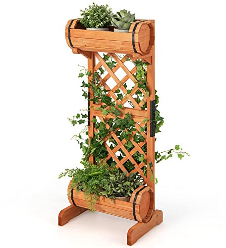 COSTWAY Jardinière à 2 Niveaux avec Treillis en Bois de Sapin, Bac à Fleurs pour Plante Grimpante Vigne, Lit de Jardin Résistance aux Intempéries (45,5 x 36 x 113 cm)