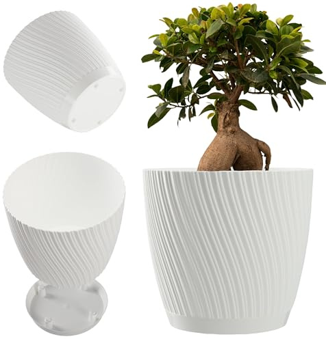 KADAX Blomkruka med underlägg, växtkruka i tredimensionell vågform, plastkruka, dekorativ kruka för blommor, kaktusar och örter (27 cm, vit)