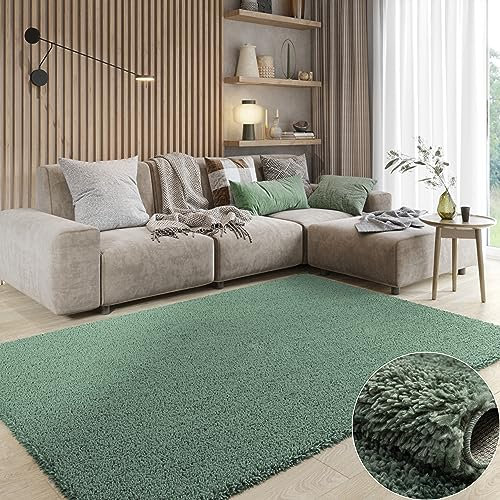 MY-RUG Shaggy Star kuscheliger Langflor Teppich, Rutschhemmende Unterseite, extra Langer Hochflor 37 mm, Pflegeleicht, Super Soft, Felloptik, grün, eckig 140 x 70 cm