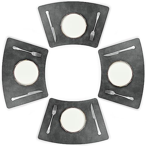 fanquare PU Runde Platzsets 48x30 cm Rindsleder Korn Tischsets für Esstisch Waschbar Grau Keilförmige Tischmatte 4er Pack
