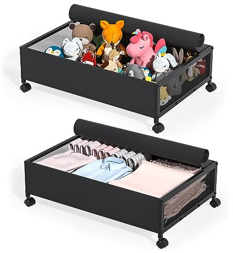 Dazone Contenitore sotto il letto, 2 pezzi, con ruote e coperchio, cassetto sotto il letto, contenitore portaoggetti con cornice in metallo, scatola organizer per vestiti, coperte, giocattoli, libri