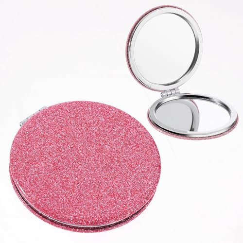 2 Stück Taschenspiegel Klappbar Kompaktspiegel Runder Lederhandtaschenspiegel Handspiegel Kosmetik Mini Travel Portable Makeup Mirror für Frauen Mädchen