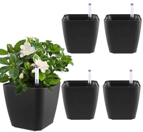 MUNGHOK 5 Stück Selbstbewässerungstopf Klein Schwarz, Selbstbewässernder Blumentopf mit Wasserspeicher, Selbstbewässernd Kräutertopf mit Bewässerungssystem für Kräuter und Zimmerpflanzen