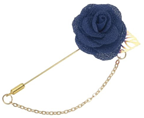 QUARKZMAN Pin de Solapa para Hombres, Tamaño: 4cm, Broche de Flores Rosa de Aleación de Tela de Traje con Hoja de Oro y Ribete/Cadena de Borla Broche para Novio Boda 1 Unidad Azul Marino