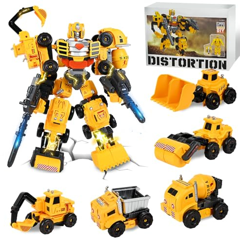 Ulikey 5 in 1 Veicolo Ingegneristico Robot Trasformatore Giocattolo, Giocattolo per Auto Assemblato di Ingegneria, Trasformabile Veicoli da Cantiere Regalo per Bambini dai 3 Anni in su