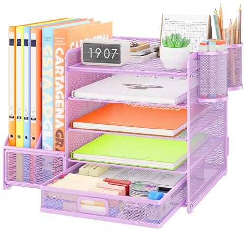 VITVITI Schreibtisch Organizer, 5 Ebenen Briefablage mit Schubladen, Aktenhalter mit 2 Stiftehalter, Büro Organizer mit Stehsammlere, Bürobedarf für A4 Dokumentenablag (Violett)