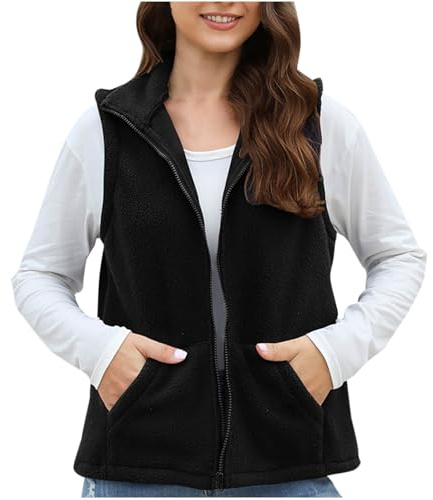 Dmmtot Gilets en polaire pour femme - Soldes d'hiver - Vestes sans manches chaudes - Fermeture éclair intégrale - Douces et confortables - Col montant - Manteaux thermiques polyvalents, noir 1, L