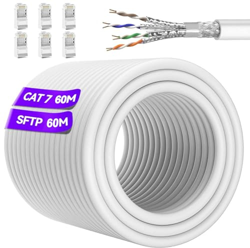 Ethernet Cable 60m High Speed White, Cat 7 Internet Cable 60m Long Outdoor, Wlan Cables 24AWG Network Cable S/FTP Shielded Patch Cables RJ45 Lan Cable Gigabit Wifi Cabls Waterproof for Modem Router