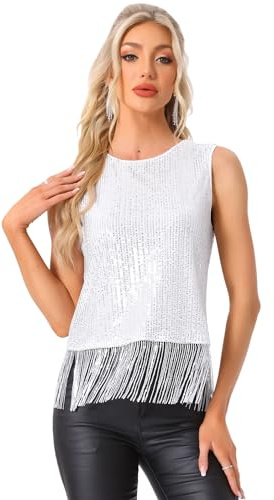 Allegra K Donna Paillettes Top con Frange Senza Maniche Canotte con Scollo Rotondo da Festa per la Notte di Halloween Bianca M