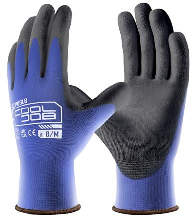 COOLJOB 12 Pairs Safety Work Gloves Pack Bulk with Grip PU Coating, 13 Gauge Seamless Knit Gloves with Polyurethane Dipped for Warehouse Working, Breathable Lightweight for Men Women, (Blue, Medium)