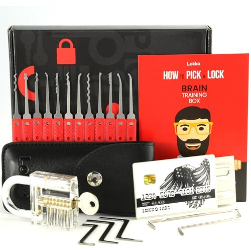 Lokko Kit de selección de cerraduras de 20 piezas + folleto totalmente ilustrado, cerradura de práctica, herramientas de tensión, color rojo