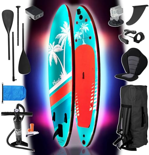 BRAST SUP Board mit LEDs | Aufblasbares Stand up Paddling Set | 320x81x15cm | 4 Designs | LED-Beleuchtung mit 10 Farben | 5 Jahre Garantie | 2in1 Paddel Kajak-Sitz Action-Cam-Halterung Fußschlaufe