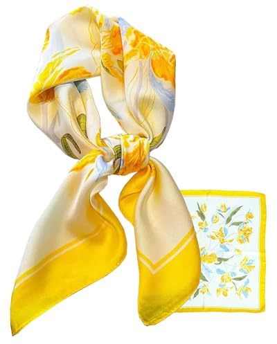 LEBOOBELL Foulard Carré en Soie pour Femmes 28x28 Pouces Bandana grand modèle Écharpe Paisley Accessoire cheveux élégant Jaune Bouquet
