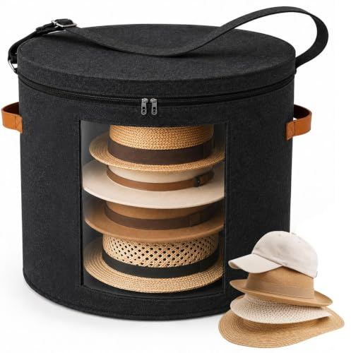 Hat Storage Box with Lid, 48x42cm Extra Large Round Felt Case with Handles | PUYUKO Cap Case with Clear Window, Collapsible Organizer for Clothes, Portable Toys Container, Dustproof Beanie Bag