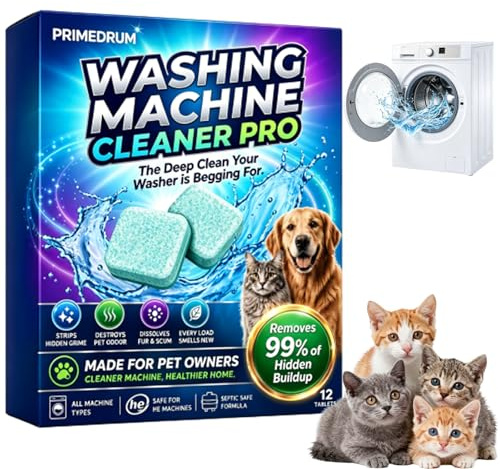 PrimeDrum Prime Drum Washing Machine Cleaner Pro, Deep Clean Tablets for Pet Hair, Deep Cleaner Tabs, Natural Mild Formula for Front/Top Load Washers, for Machines, 12 Count (1 box/12pcs)