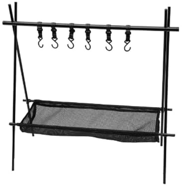 Soporte para fogata con columpio para parrilla, trípode plegable, estante colgante para acampar con 6 ganchos, estante colgante para utensilios de cocina para acampar