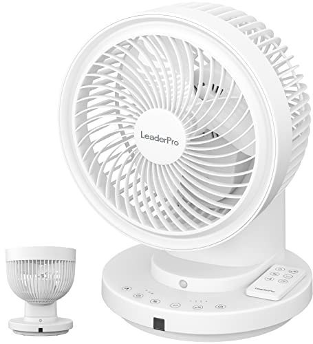 LeaderPro Ventilator mit Fernbedienung, Tischventilator mit Näherungssensor für Menschen, 360° vertikale Schwenkung, Ventilator Leise Luftzirkulation, Tastbildschirm, 4 Windstärken