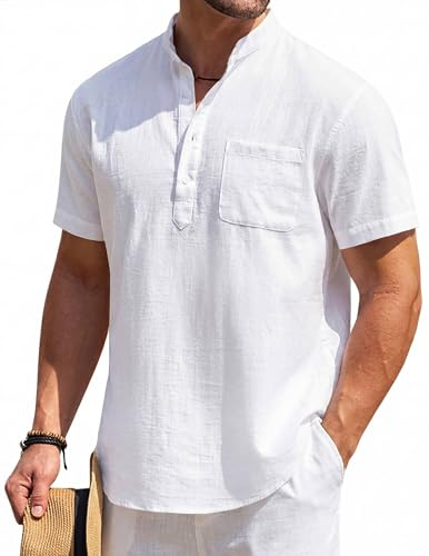 COOFANDY Men's Cotton Linen Long Sleeve Casual Summer Beach TShirts, White, L