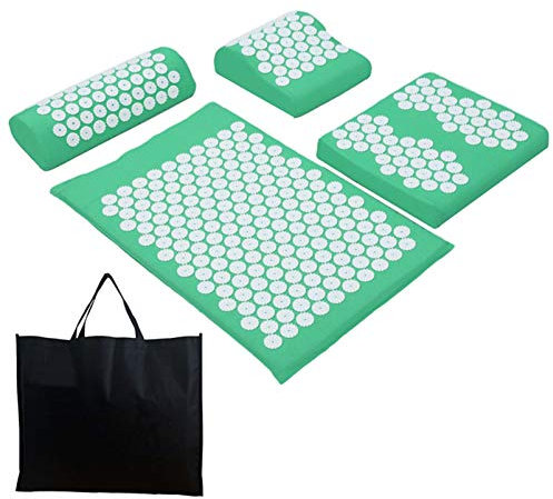 ZZBB Akupressur-Matten- und Kissen-Set - Ideal zur Linderung von Rückenschmerzen und Nackenschmerzen - Fortgeschrittener Stressabbau - Muskelrelaxans - Kostenlose Einkaufstasche,Green