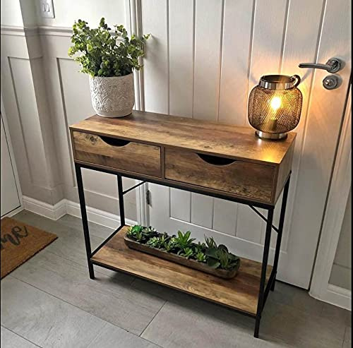 Dylex 2 Drawer Console Table Black Metal Frame & Wooden Drawers and Shelf Furniture