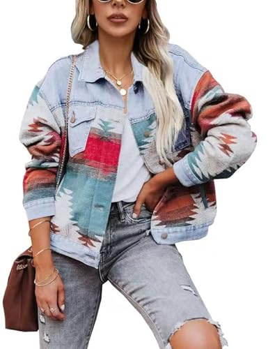 Lumister Chaqueta de mezclilla azteca para mujer, manga larga, estilo vintage, con botones, estilo vintage, Azul/claro, XXL