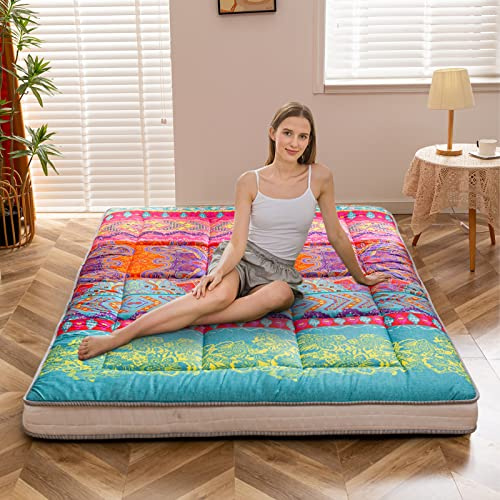MAXYOYO Bohemisk futon/mattress i retrostil, japansk golvmatta med vintage-blommor, rullbar gästsäng, säng, bärbar campingsäng, tatami-matta (bohemisk B, 135 x 190 cm)