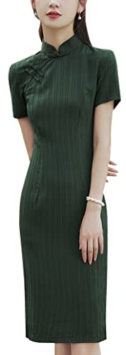 Women's Short Sleeve Midi Cheongsam Elegant Ivory Mandarin Collar Embroidery Side Slit Chinese Qipao Bodycon Dress (as1, Alpha, l, Regular, Regular, Dark Green, L)