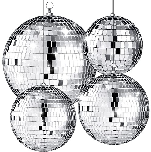 4 Pcs Large Disco Ball Decor - Silver Hanging Mirror Disco Balls Ornament for Stage Club Prom Props 70s Weddings Dance Music Birthday(12, 8, 6, 4 Inch)