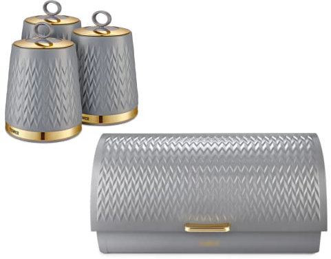 Tower Empire Bread Bin & Canisters Set in Grey with Brass Accents. Art Deco Design Kitchen Storage Set
