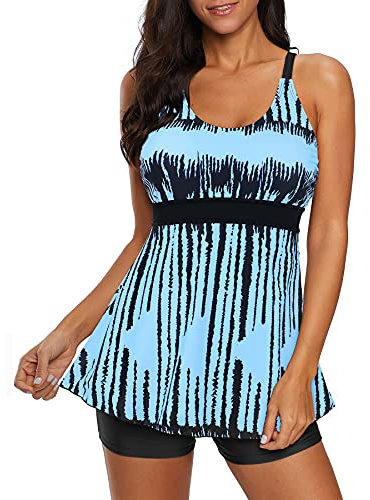Zando Tummy Control Tankini Tops with Sporty Boy Shorts - Modest Swimsuits for Women A03 Light Blue Stripe 2XL