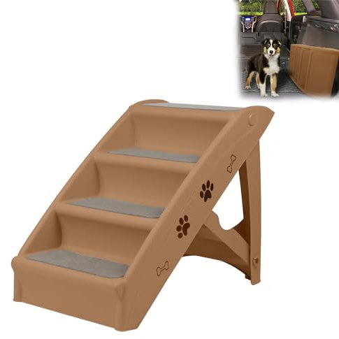 LILIIN Hundetreppe 4 Stufen, Klappbare Haustiertreppe mit Rutschfesten Teppichboden, Katzentreppe Hunderampe bis zu 75kg für Bett & Couch, Auto, Tiertreppe– Brun, 49 x 39 x 61 cm