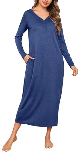 Leversic Camicia da Notte Donna Manica Lunga Camice da Notte Cotone Vestito da Notte Invernale con Tasche Pigiama Tinta Unita Blu Scuro M
