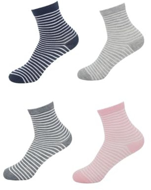 4er Pack Damen Streifen Socken 3/4 lang | Ringelsocken | 4 Paar geringelte Strümpfe (DE/NL/SE/PL, Numerisch, 39, 42, Regular, Regular, Weiß mit Dunkelblau, Rosa, Hellgrau oder Dunkelgrau)