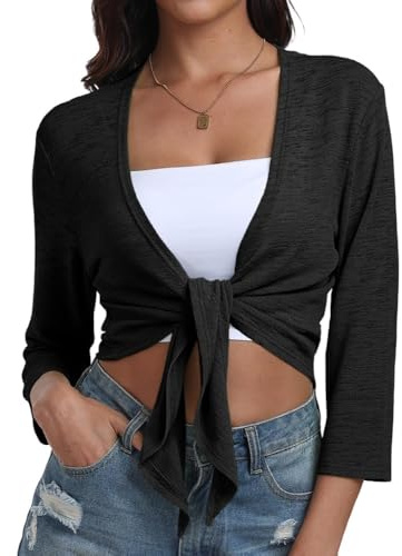 PrinStory Ladies Black Shrugs 3/4 Sleeve Summer Cardigan For Women V Neck Open Front Top Soft Tie Front Lightweight Shrugs Outwear (Black,S)