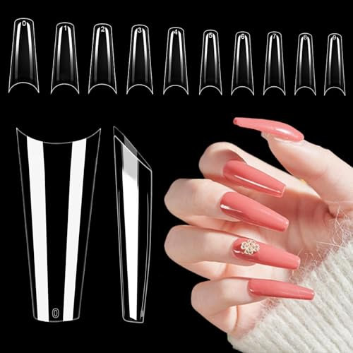 LUFFLOK 500 Pièces Capsule Americaine Ongle Acryliques, Carré Longues Medium Faux Ongle, Demi-Capsules Acryliques Carrées pour Art Ongles et Designs de Manucure Française DIY, 10 Tailles