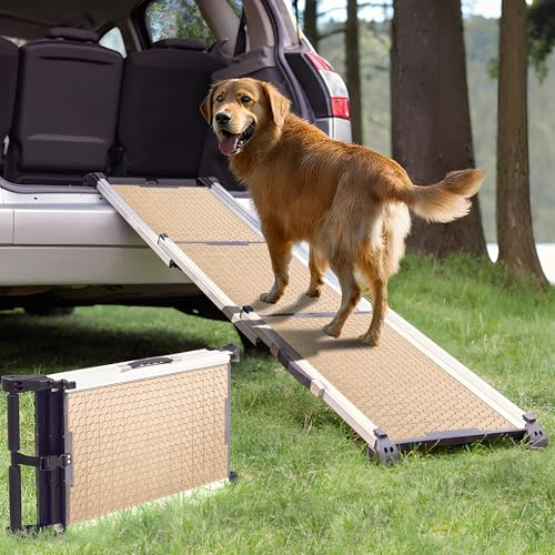 Dog Ramp for Car - Stable Anti-Slip Dog Car Ramp for Large Dogs - 63 Long & 15 Wide - 250LBS Capacity - Telescoping Pet Ramp - Lightweight - Reflective Sides - Fixing Clip - Desert Sand