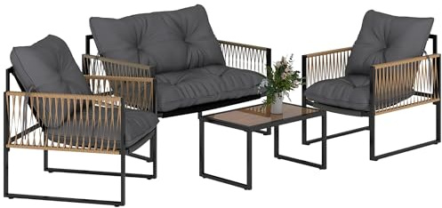 Outsunny Conjunto Jardín Exterior de Ratán, Muebles Jardín Exterior para 4 Piezas, Muebles Terraza con 1 Sofá de 2 Plazas, 2 Sillones, Cojines y 1 Mesa de Tablero de Vidrio, para Patio, Gris y Marrón